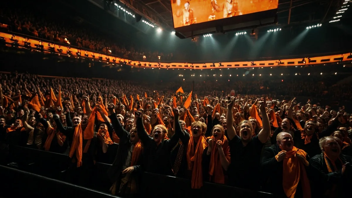 AI-generated image: fans waving orange scarves in an arena