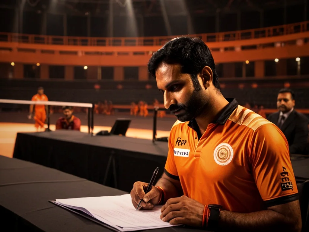 AI-generated image: a young athlete signing a team contract at a press table