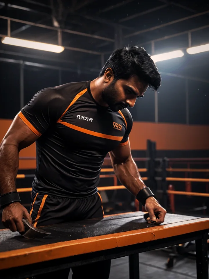 AI-generated image: an athlete recovering a slipping part at the workbench