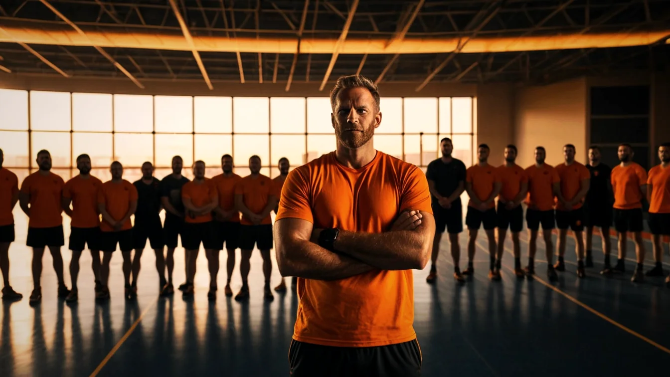AI-generated concept image: a team captain with local teammates in a training hall