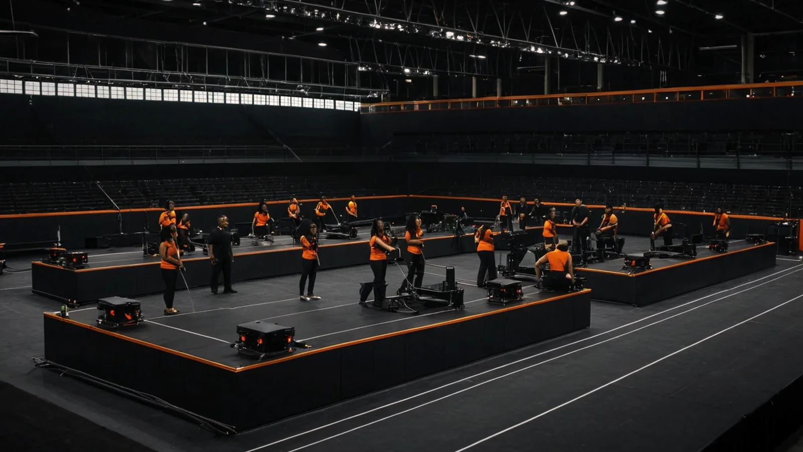 AI-generated concept image: athletes from different countries at precision workstations in a competition arena