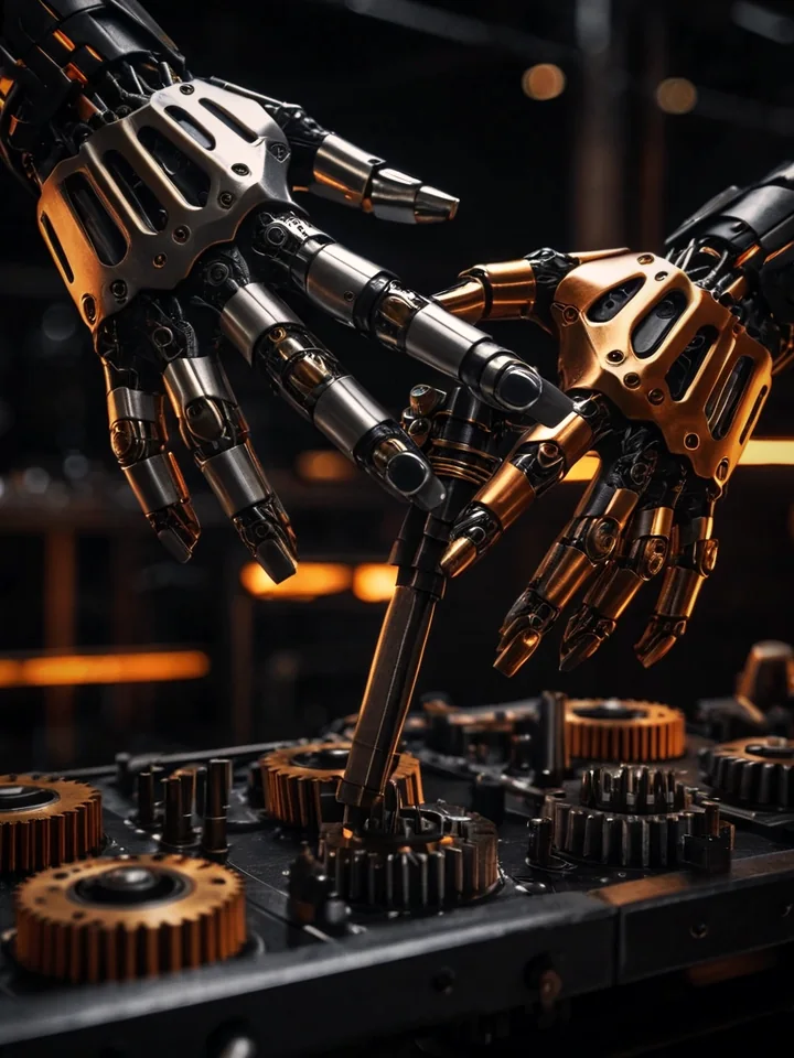AI-generated concept image: robot hands handling gears