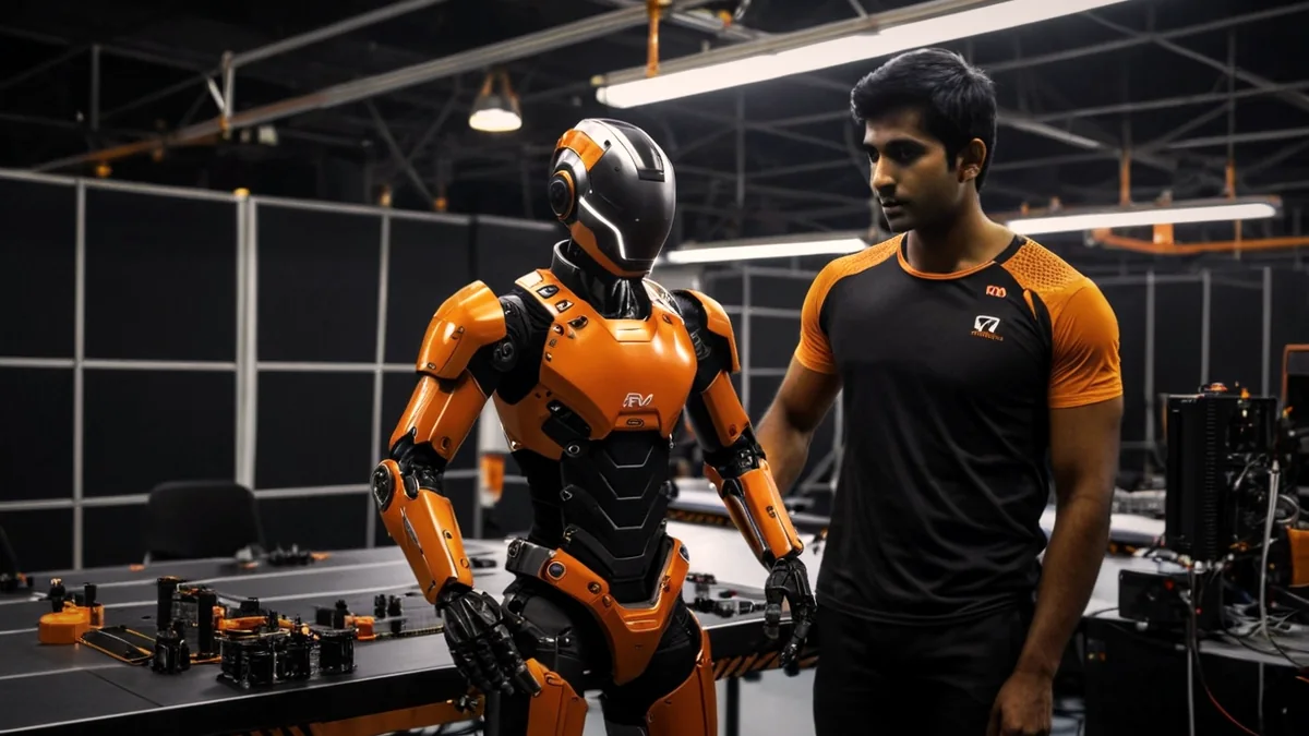 AI-generated concept image: a humanoid robot mirroring an athlete assembling parts