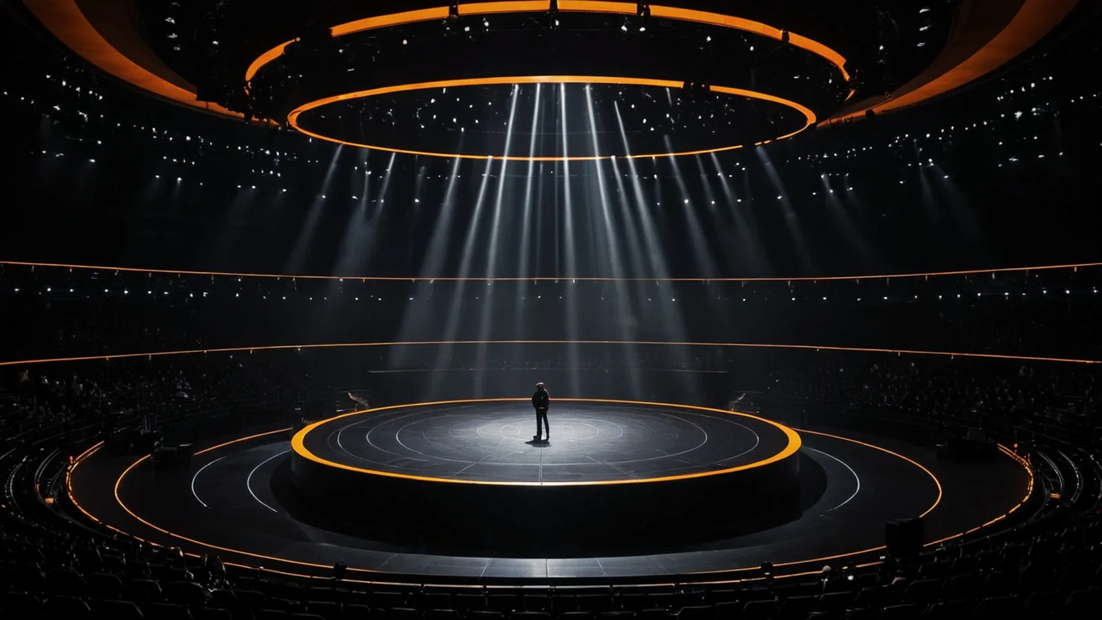 AI-generated concept image: a lone athlete on a lit circular championship stage in an arena